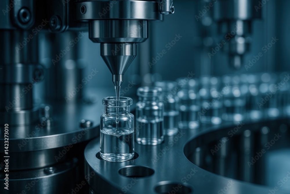 Automated Vial Filling Process Pharmaceutical Manufacturing Close-up Automated Vial Filling Process Pharmaceutical Manufacturing Close-up