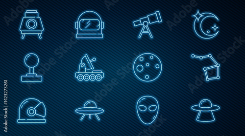 Set line UFO flying spaceship, Great Bear constellation, Telescope, Mars rover, Joystick, Planet and Astronaut helmet icon. Vector