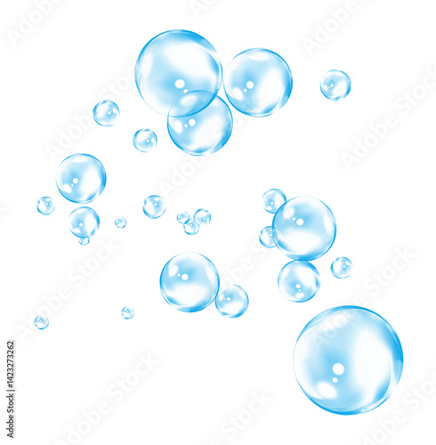 Cluster of tiny blue bubbles scattered in white space.