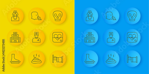 Set line Flat foot, Medical hospital building, Male doctor, Hospital bed, Heart rate, Nurse, Skull and Vomiting man icon. Vector
