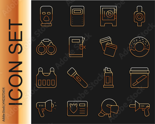 Set line Police megaphone, Evidence bag with knife, Donut, Safe, station folder, Handcuffs, Balaclava and Plastic ziplock icon. Vector