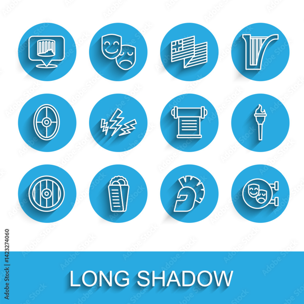 Set line Greek shield, Gyros Pita, Ancient column, helmet, Comedy and tragedy masks, Zeus, Torch flame and Decree, parchment, scroll icon. Vector Set line Greek shield, Gyros Pita, Ancient column, helmet, Comedy and tragedy masks, Zeus, Torch flame and Decree, parchment, scroll icon. Vector