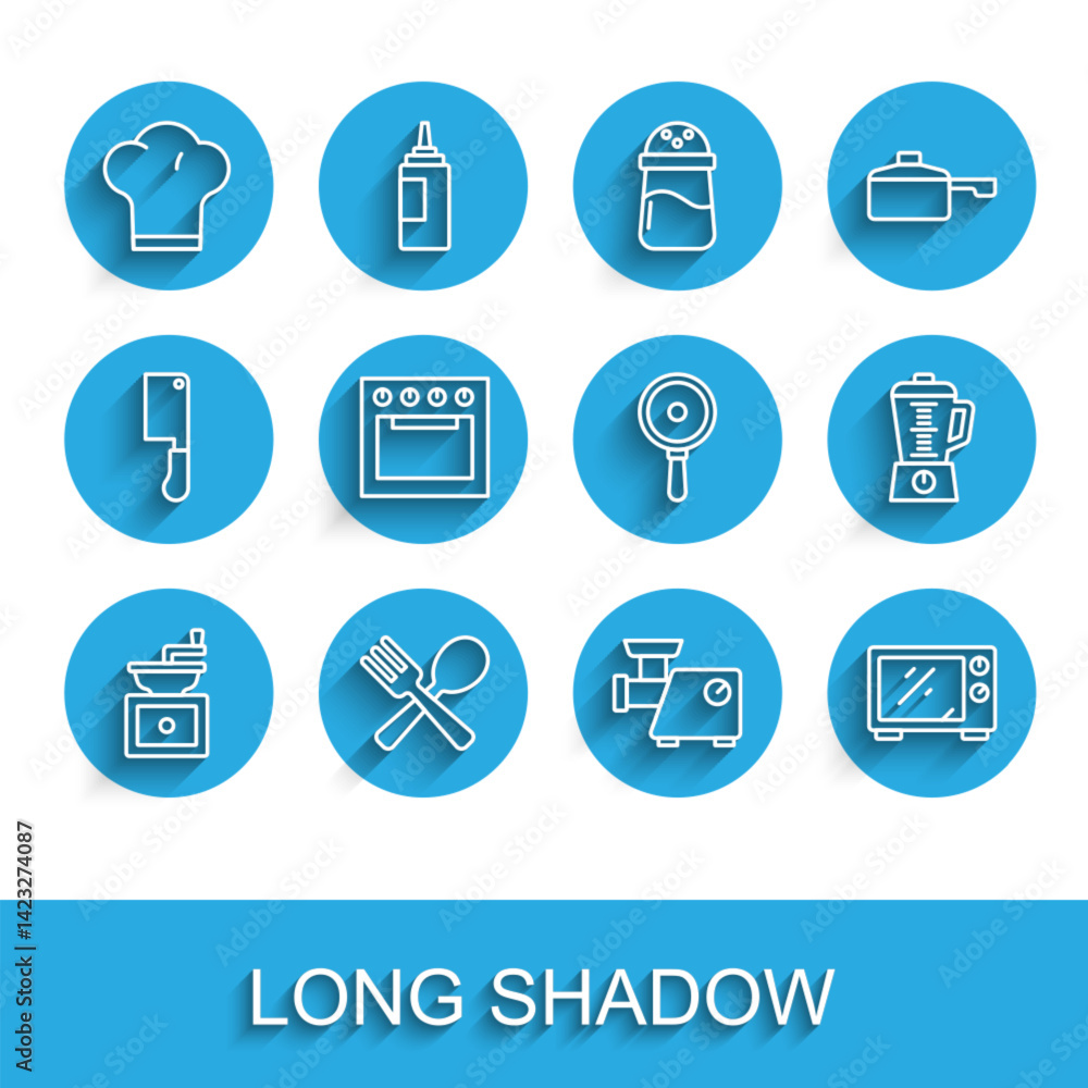 Set line Manual coffee grinder, Crossed fork and spoon, Chef hat, Kitchen meat, Microwave oven, Oven, Blender and Frying pan icon. Vector Set line Manual coffee grinder, Crossed fork and spoon, Chef hat, Kitchen meat, Microwave oven, Oven, Blender and Frying pan icon. Vector
