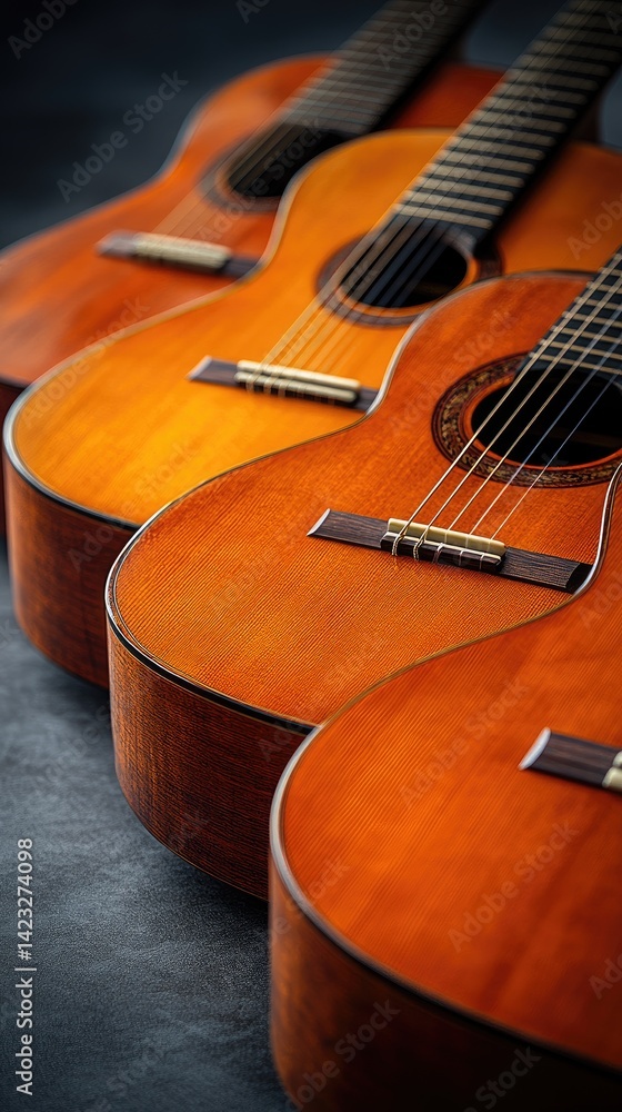 Six guitars arranged neatly, showcasing simplicity and harmony in design. Six guitars arranged neatly, showcasing simplicity and harmony in design.