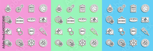 Set line Stop GMO, Syringe, Genetic engineering modification, Document for bio healthy food, No, and Petri dish with bacteria icon. Vector