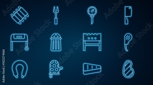 Set line Steak meat, Rib eye steak, Kitchen thermometer, Salt, Barbecue grill, Grilled pork bbq ribs, BBQ brazier and fork icon. Vector
