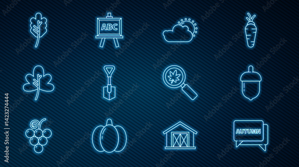 Set line Speech bubble with text autumn, Acorn, Sun and cloud weather, Shovel, Leaf leaves, Magnifying glass leaf and Chalkboard icon. Vector Set line Speech bubble with text autumn, Acorn, Sun and cloud weather, Shovel, Leaf leaves, Magnifying glass leaf and Chalkboard icon. Vector