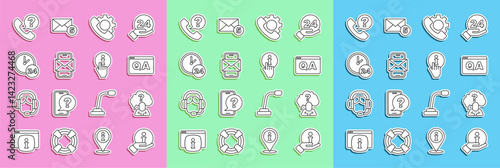 Set line Information, Head with question mark, Question and Answer, Telephone 24 hours support, Mobile envelope, Clock, and icon. Vector