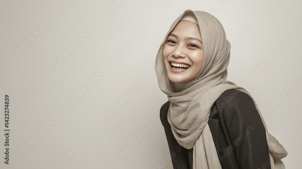 Smiling woman wearing a hijab poses against a plain background in a joyful moment of self-expression.