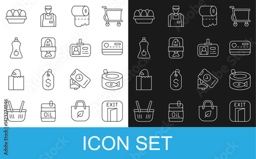 Set line Fire exit, Canned fish, Credit card, Toilet paper roll, Fish plastic tray container, Sauce bottle, Chicken egg box and Identification badge icon. Vector