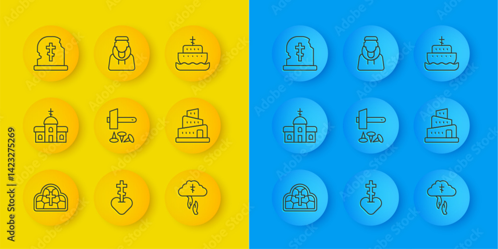Set line Stained glass, Church building, Crucifixion of Jesus Christ, God's helping hand, Babel tower bible story, Grave with tombstone, Ark noah and Monk icon. Vector Set line Stained glass, Church building, Crucifixion of Jesus Christ, God's helping hand, Babel tower bible story, Grave with tombstone, Ark noah and Monk icon. Vector