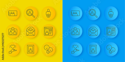 Set line Pleasant relationship, Friends forever, Envelope with Valentine heart, Happy friendship day, Dating online, Selfie mobile, Add to and Magnifying glass search icon. Vector