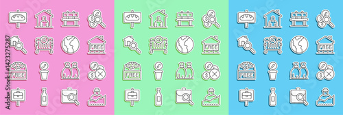 Set line Growth of homeless, No money, Shelter for, Bench, Searching food, house, Donation and Global economic crisis icon. Vector