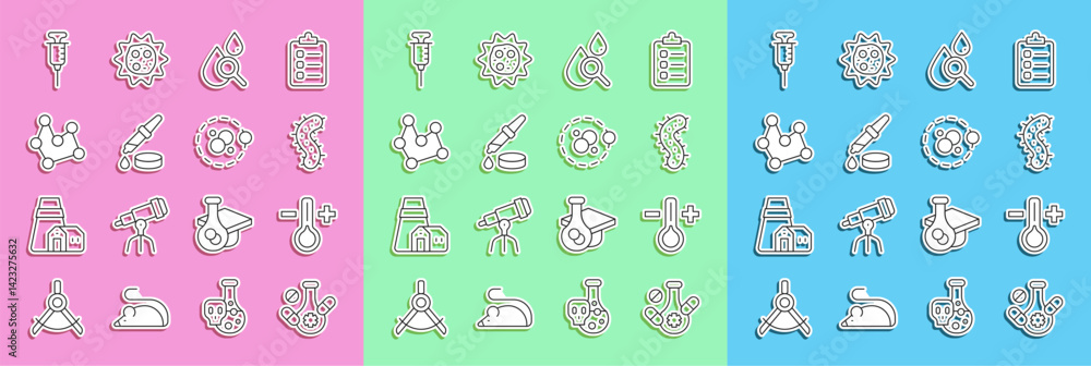 Set line Medicine pill, Thermometer, Virus, Drop and magnifying glass, Pipette, Chemical formula, Syringe and Atom icon. Vector Set line Medicine pill, Thermometer, Virus, Drop and magnifying glass, Pipette, Chemical formula, Syringe and Atom icon. Vector