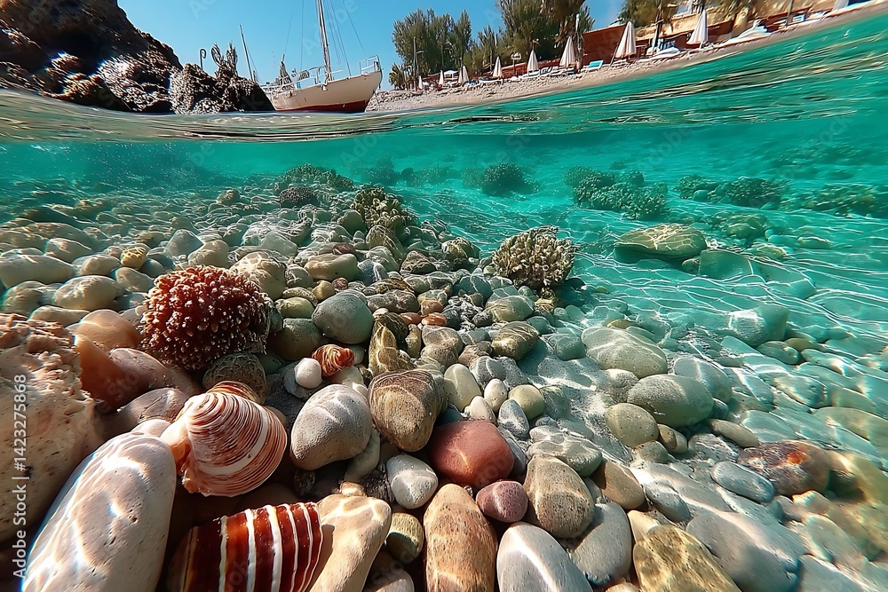 Underwater beach stones, turquoise water, resort