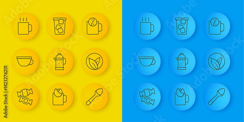 Set line Candy, Cup of tea, French press, Teaspoon, leaf, time and Ice icon. Vector