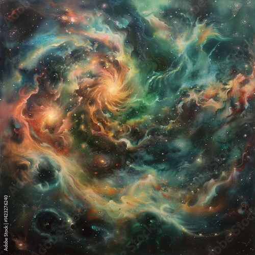 A celestial scene depicting the birth of a new galaxy, with swirling clouds of colorful cosmic dust in greens, pinks, and blues