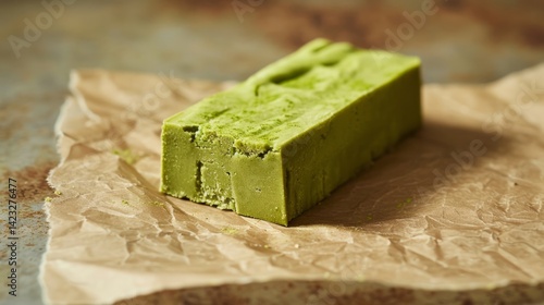 A rectangular block of dessert, a pistachio or matcha blondie or fudge, displayed on a piece of parchment paper.