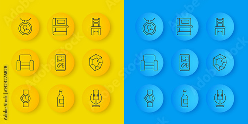 Set line Wrist watch, Armchair, Portable video game console, Microphone, Gem stone, Locket necklace, Chair and Book icon. Vector
