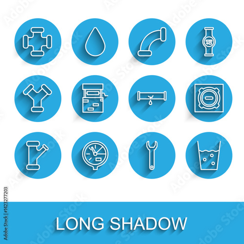 Set line Industry metallic pipe, Water meter, Wrench spanner, Glass with water, Well, Manhole sewer cover and Broken leaking icon. Vector