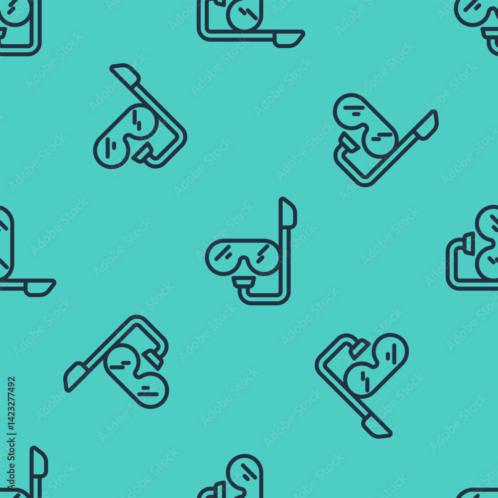 Black line Diving mask and snorkel icon isolated seamless pattern on green background. Extreme sport. Diving underwater equipment. Vector Black line Diving mask and snorkel icon isolated seamless pattern on green background. Extreme sport. Diving underwater equipment. Vector