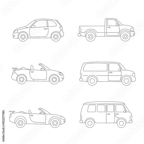 Outline drawing of fast Lamborgini car, sport car from side and front view. Vector doodle illustration, design for coloring book or print