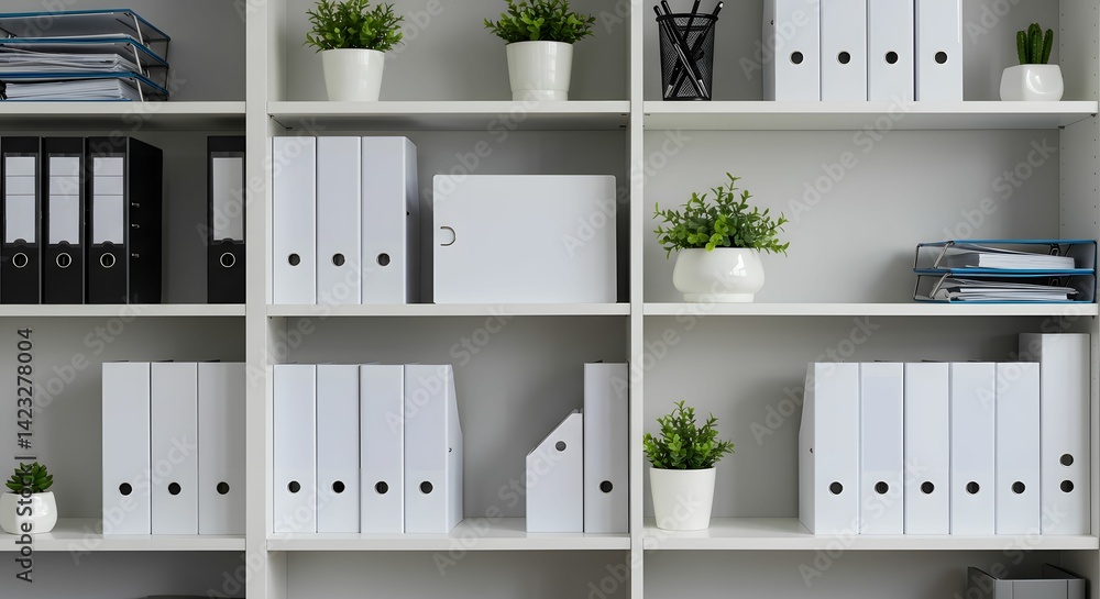 Fototapeta premium Organized Office Workspace Modern White Shelving with Files and Plants – Inspiring Productivity and Efficiency