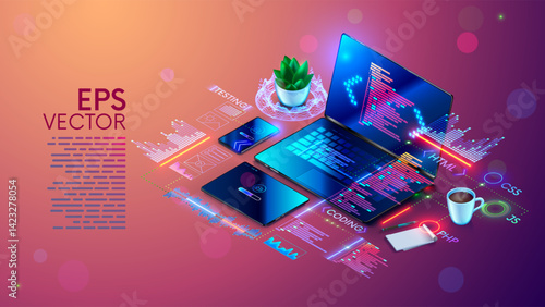 Software development concept. Programming, debugging program or code for laptop, phone, tablet. Creation adaptive Software application. Software development education or learning. Computer technology