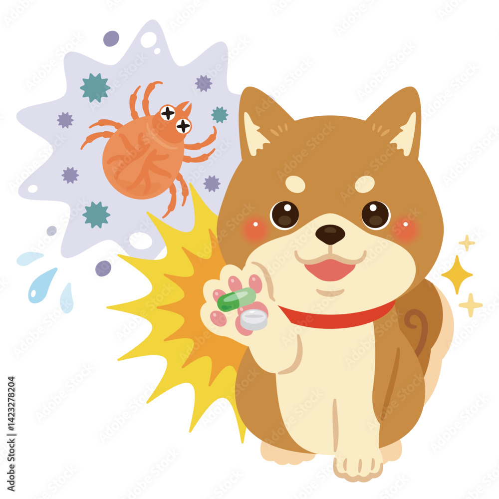 Fototapeta premium 害虫を薬剤で治療して元気になる柴犬のイラスト