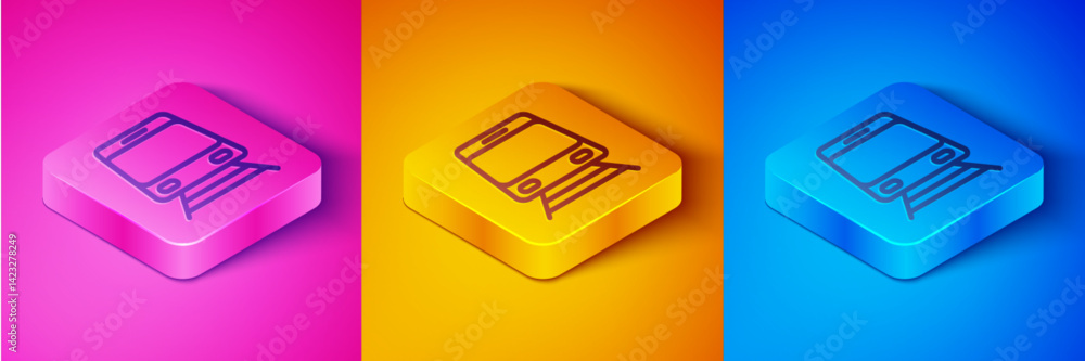 Isometric line Train and railway icon isolated on pink and orange, blue background. Public transportation symbol. Subway train transport. Metro underground. Square button. Vector Isometric line Train and railway icon isolated on pink and orange, blue background. Public transportation symbol. Subway train transport. Metro underground. Square button. Vector