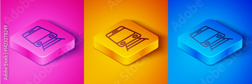 Isometric line Train and railway icon isolated on pink and orange, blue background. Public transportation symbol. Subway train transport. Metro underground. Square button. Vector