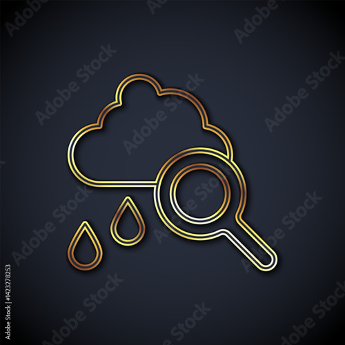 Gold line Cloud with rain icon isolated on black background. Rain cloud precipitation with rain drops. Vector
