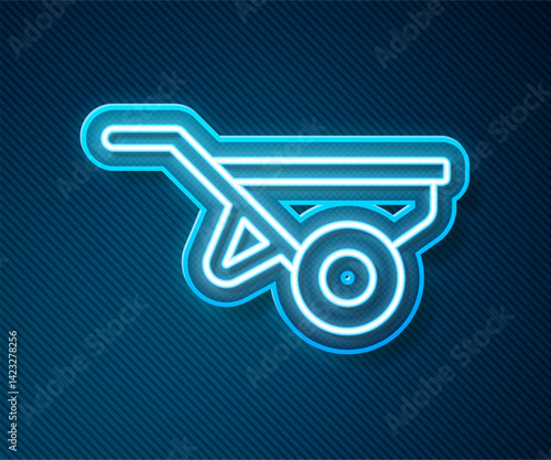 Glowing neon line Wheelbarrow with dirt icon isolated on blue background. Tool equipment. Agriculture cart wheel farm. Vector
