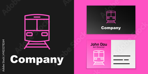 Pink line Train and railway icon isolated on black background. Public transportation symbol. Subway train transport. Metro underground. Logo design template element. Vector