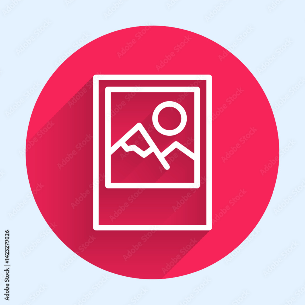 White line Photo frame icon isolated with long shadow background. Vintage empty photos frame. Red circle button. Vector White line Photo frame icon isolated with long shadow background. Vintage empty photos frame. Red circle button. Vector