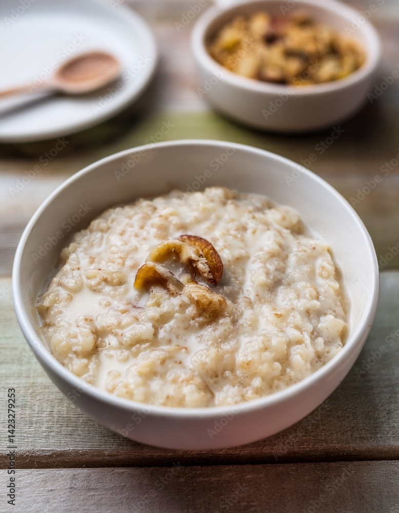 Delicious porridge with fruits and nuts on a wooden table Delicious porridge with fruits and nuts on a wooden table
