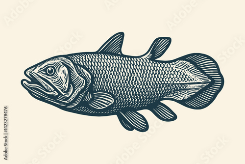 Engraved illustration of a coelacanth fish in vintage style
