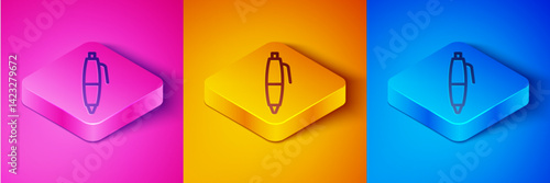 Isometric line Pen icon isolated on pink and orange, blue background. Square button. Vector