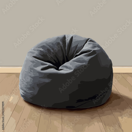 Cozy gray bean bag chair on wooden floor in minimalist room