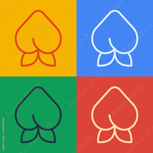 Pop art line Peach fruit or nectarine with leaf icon isolated on color background. Vector