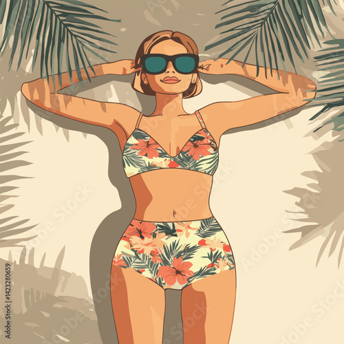 Young caucasian female relaxing in tropical swimwear under palm leaves