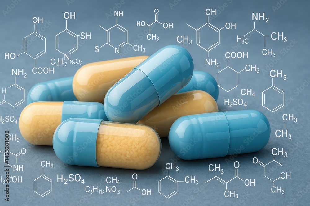 Blue and Yellow Capsules with Chemical Formulas on Gray Background