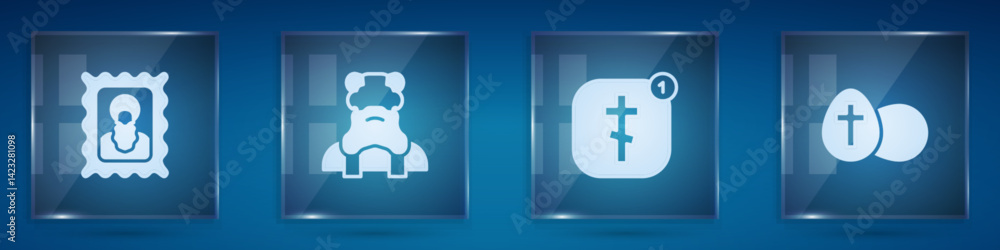 Fototapeta premium Set Christian icon, Priest, Online church pastor preaching and Easter egg. Square glass panels. Vector