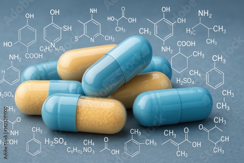 Obraz na płótnie Blue and Yellow Capsules with Chemical Formulas on Gray Background w salonie