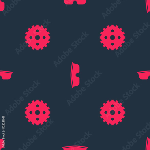 Set Bicycle sprocket crank and Sport cycling sunglasses on seamless pattern. Vector