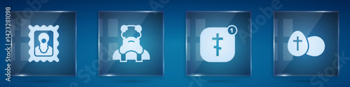 Set Christian icon, Priest, Online church pastor preaching and Easter egg. Square glass panels. Vector