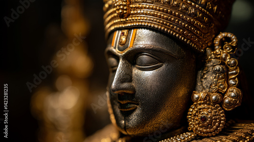 close-up of the face of the statue of Lord Venkateswara with a large crown and closed eyes, dark background with light focused only on the face and jewelry, Ai generated images