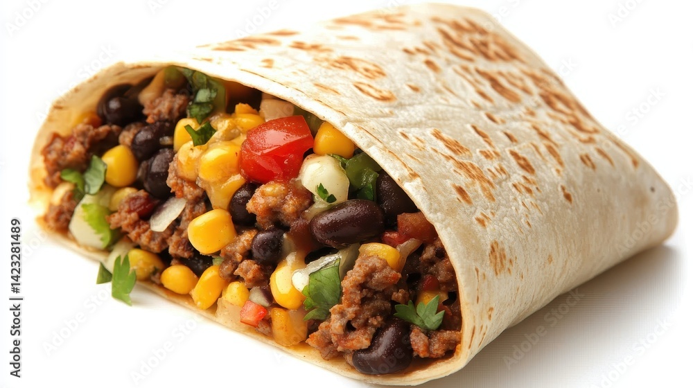 Delicious burrito filled with seasoned beef, black beans, corn, and fresh vegetables on a white background Delicious burrito filled with seasoned beef, black beans, corn, and fresh vegetables on a white background