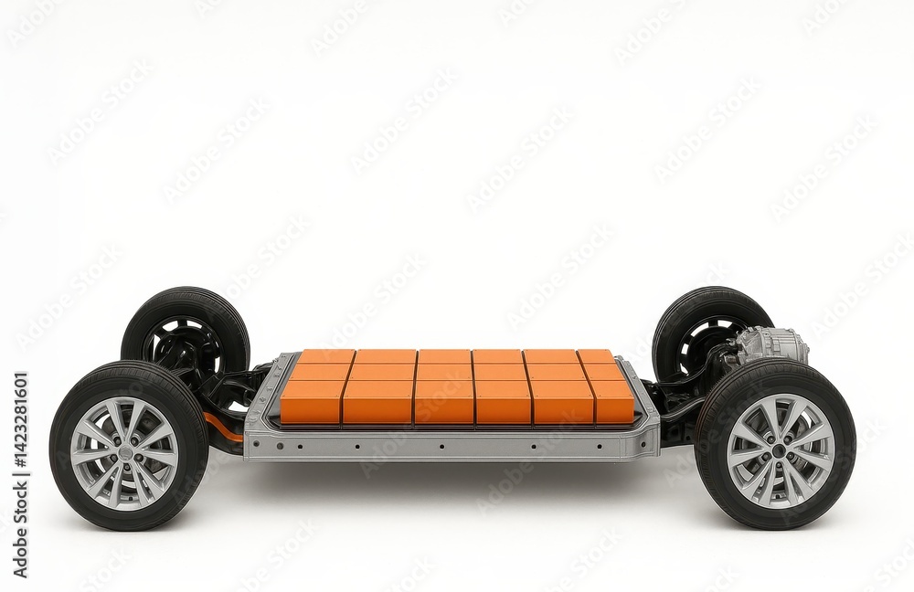 Electric Vehicle Chassis with Orange Battery Pack on White Background