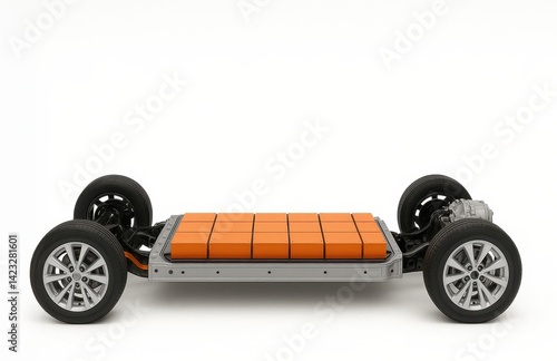 Obraz na płótnie Electric Vehicle Chassis with Orange Battery Pack on White Background w salonie